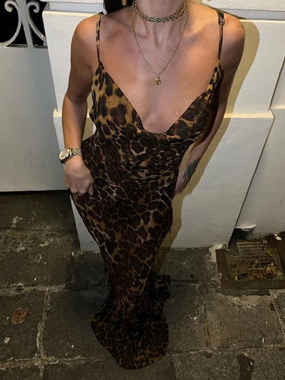 Leoprint Maxi Kleid rückenfrei